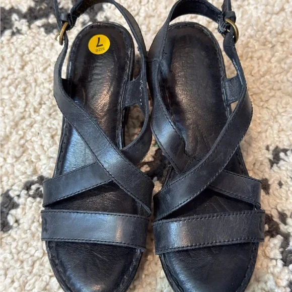 Born Black Leather Cross-Strap Slingback Wedge Comfort Sandals - Picture 1 of 8